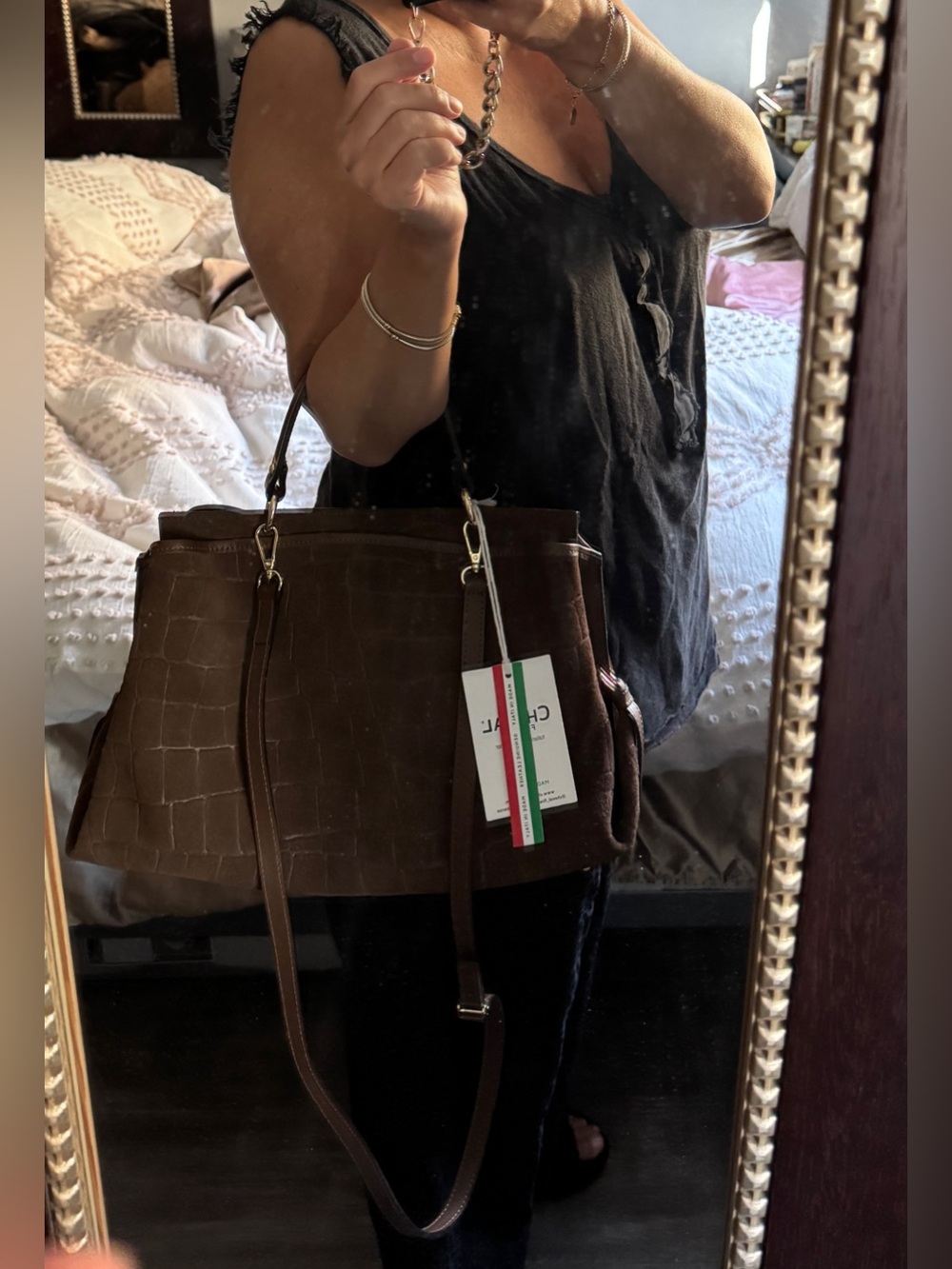 Brown Croc-Embossed Suede Top-Handle Women’s Bag - Picture 11 of 13
